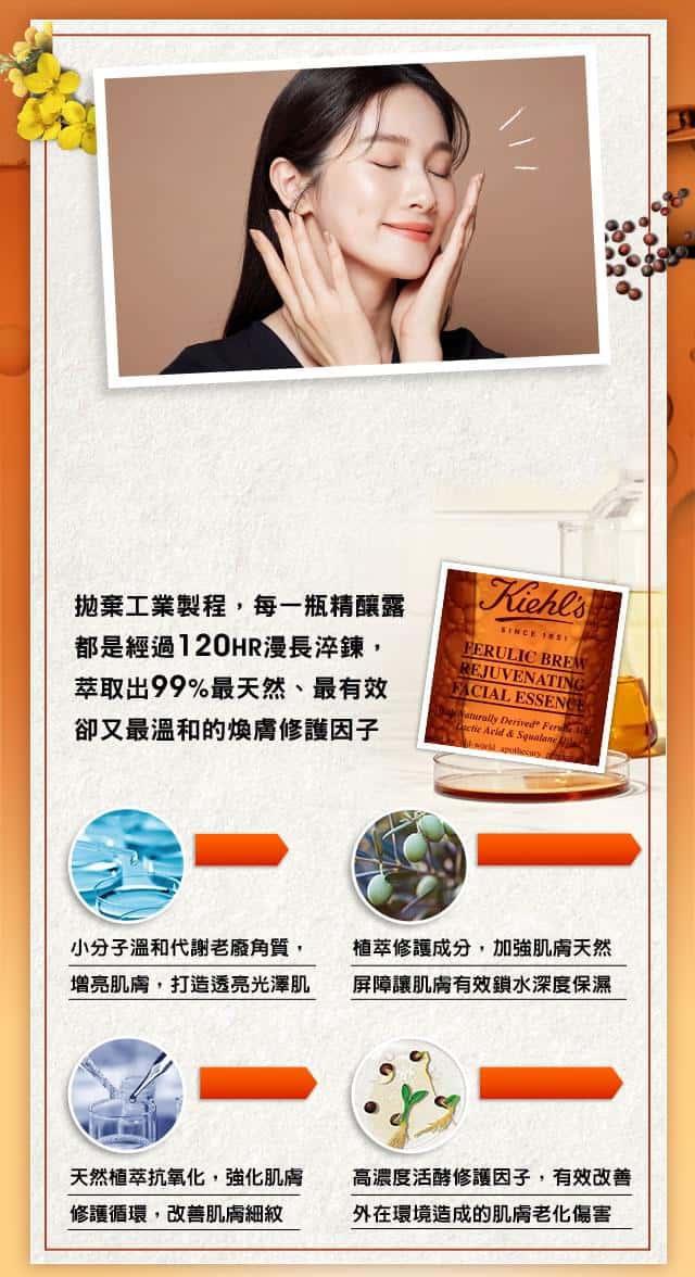 安心又有效!精釀就是不一樣，拋棄工業製程，每一瓶精釀露 都是經過120HR漫長淬鍊， 萃取出99%最天然、最有效 卻又最溫和的煥膚修護因子