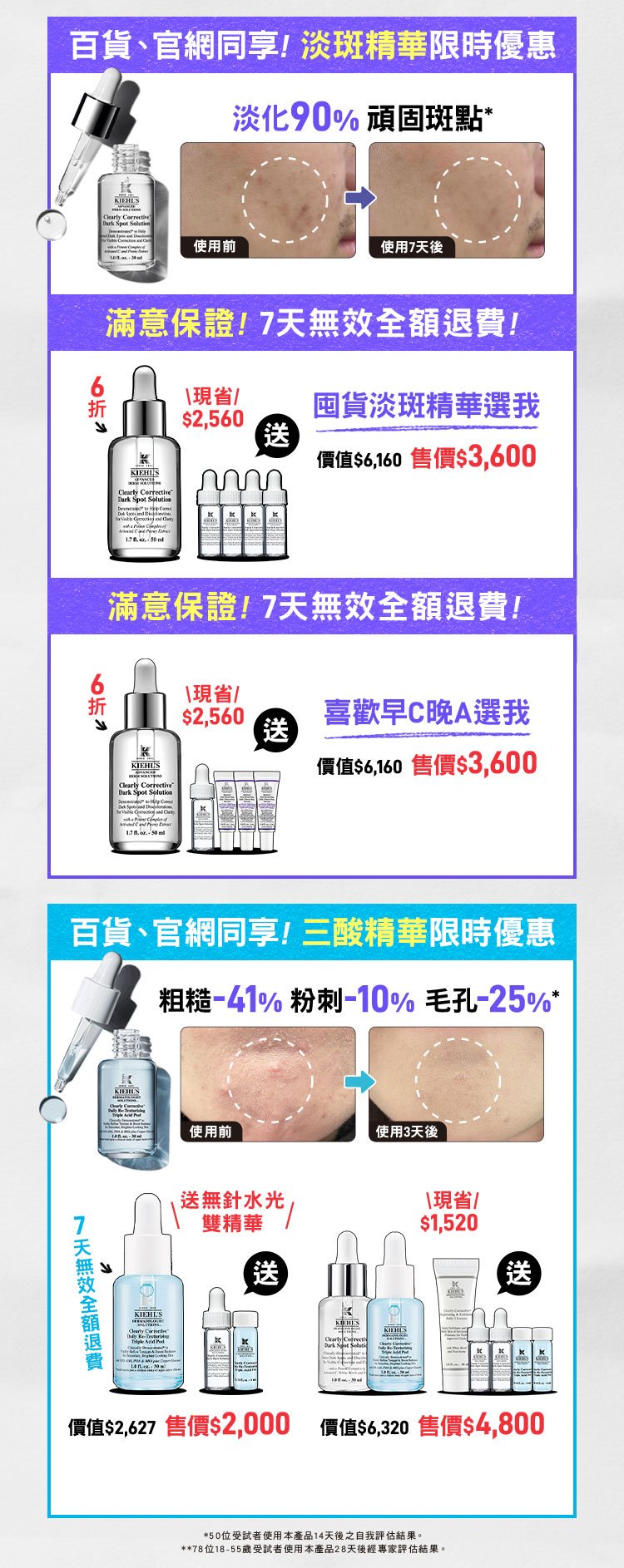 百貨、官網同享！淡斑精華限時優惠：沒買過契爾氏？首購買30ML送16ML 鐵粉想屯貨？買50ML送32ML正貨容量！百貨、官網同享！三酸精華限時優惠：滿意保證！7天無效全額退費 無針水光雙精華！無痛透亮白