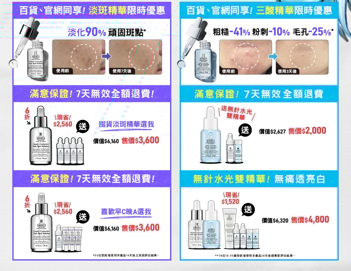 百貨、官網同享！淡斑精華限時優惠：沒買過契爾氏？首購買30ML送16ML 鐵粉想屯貨？買50ML送32ML正貨容量！百貨、官網同享！三酸精華限時優惠：滿意保證！7天無效全額退費 無針水光雙精華！無痛透亮白
